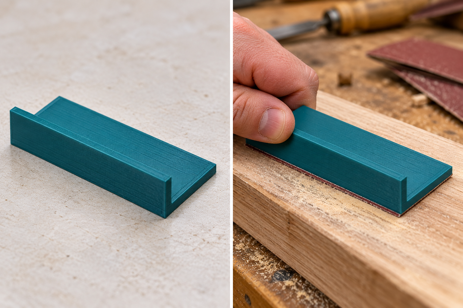 Hand backing shoe for abrasive belt strips – loose part and application, AI visualization
