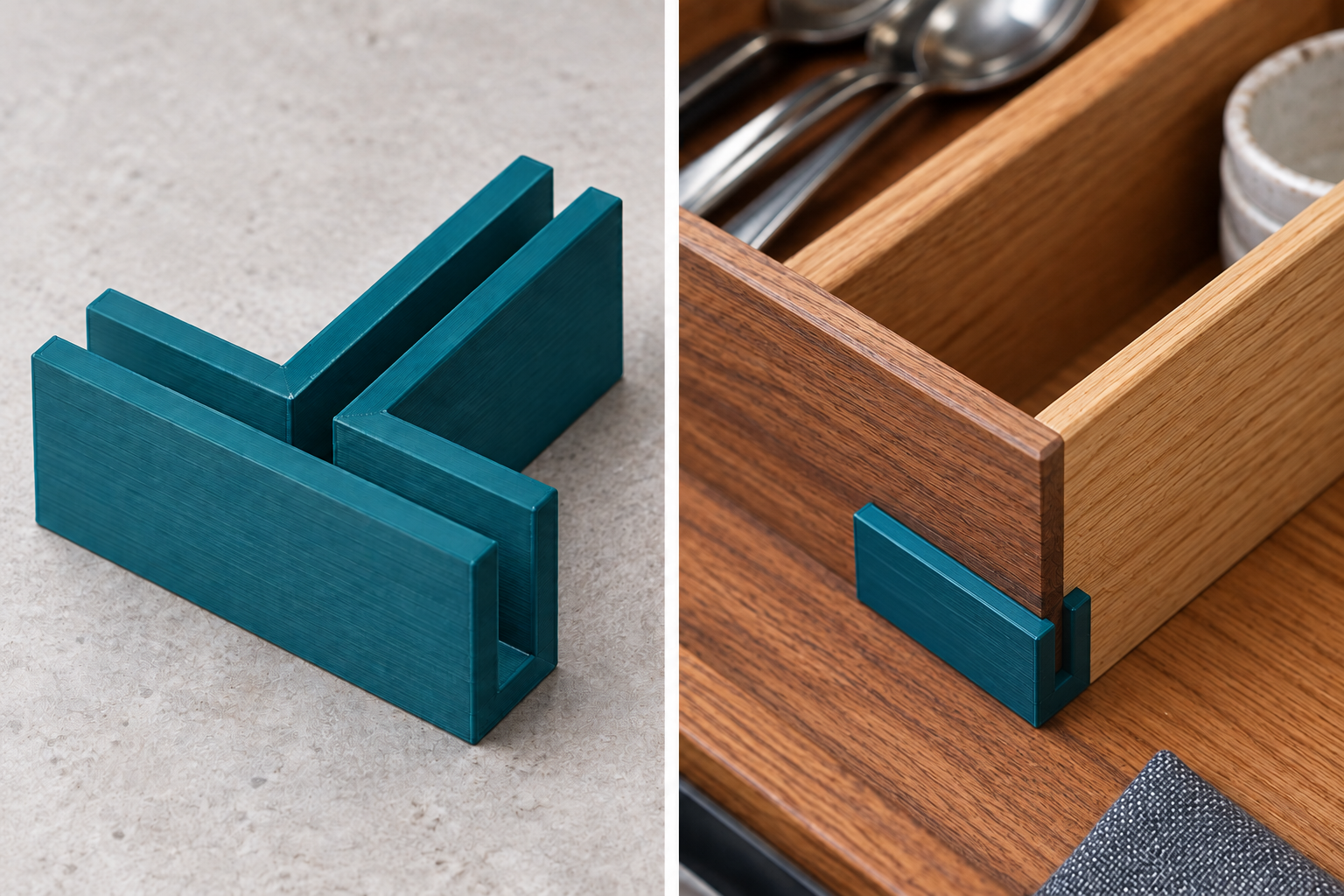 Drawer divider T joint: loose part and installation example, AI visualization