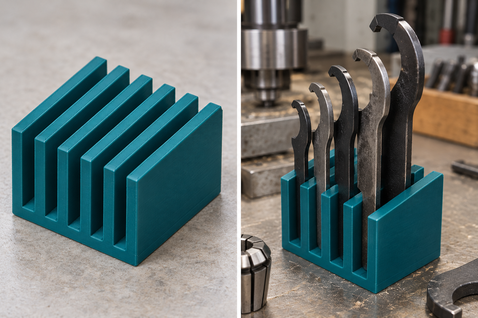 Stand for flat collet spanners – loose part and application, AI visualization