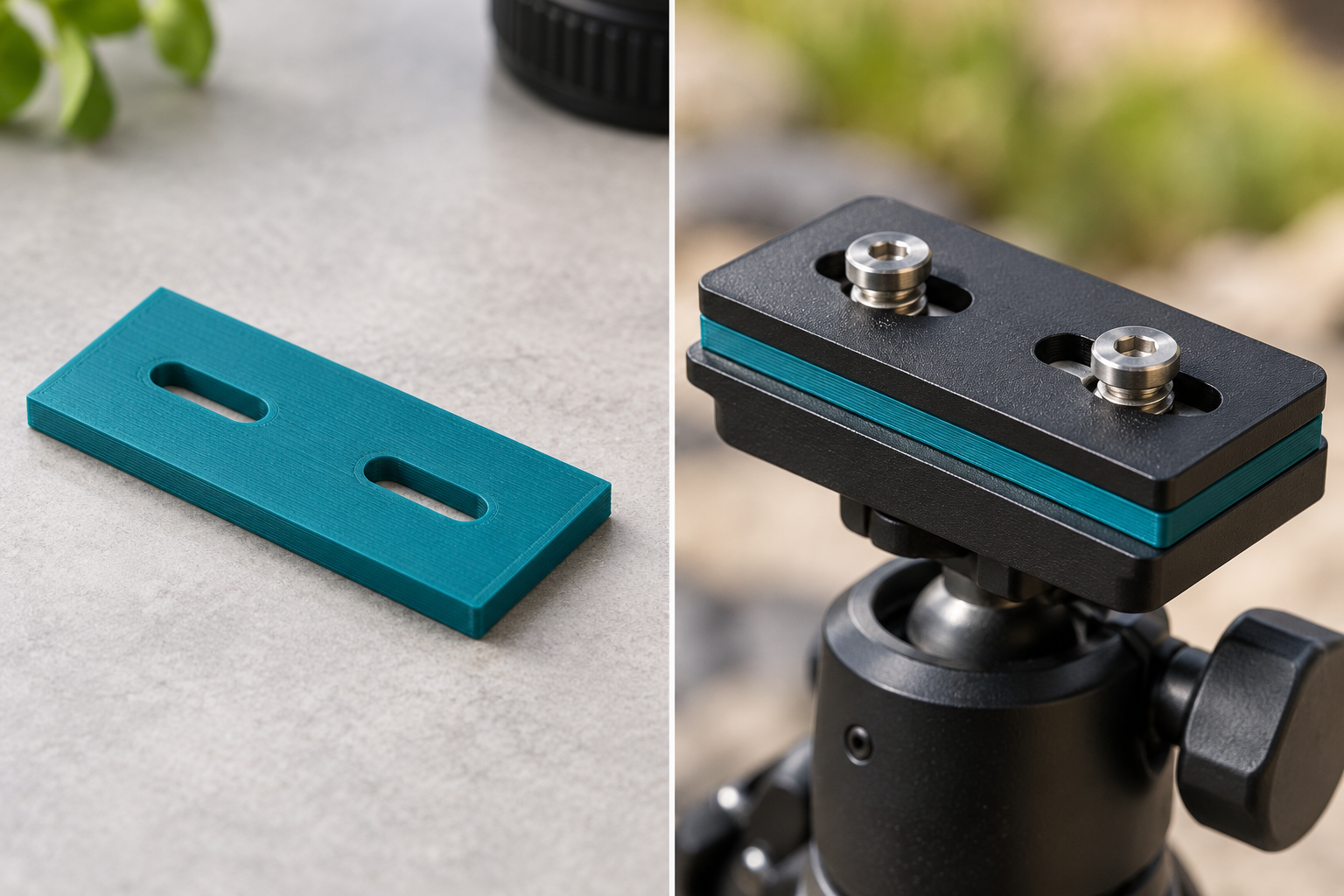 Spacer shim for compatible tripod plates – loose part and application, AI visualization