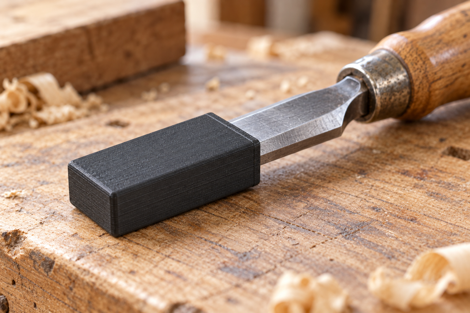 Dark edge guard fitted to a wood-handled chisel — AI visualisation.