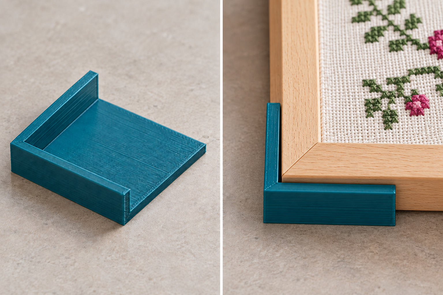 Appui d’angle pour cadres à broder rectangulaires – pièce seule et application, visualisation IA