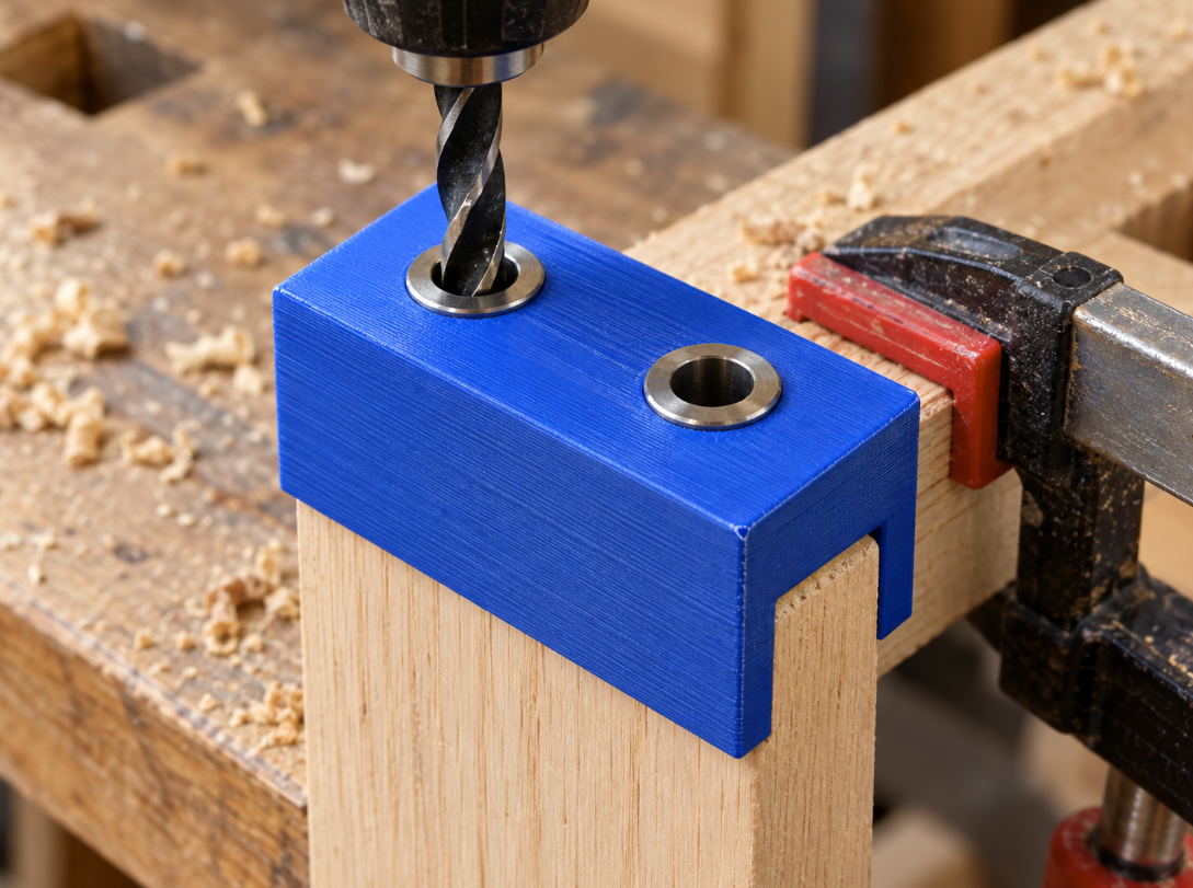 Custom end-grain dowel jig for metal drill bushes