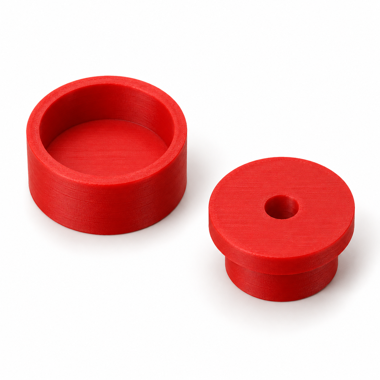 Covered-button mould with a separate pusher – red. AI visualisation of the default dimensions.