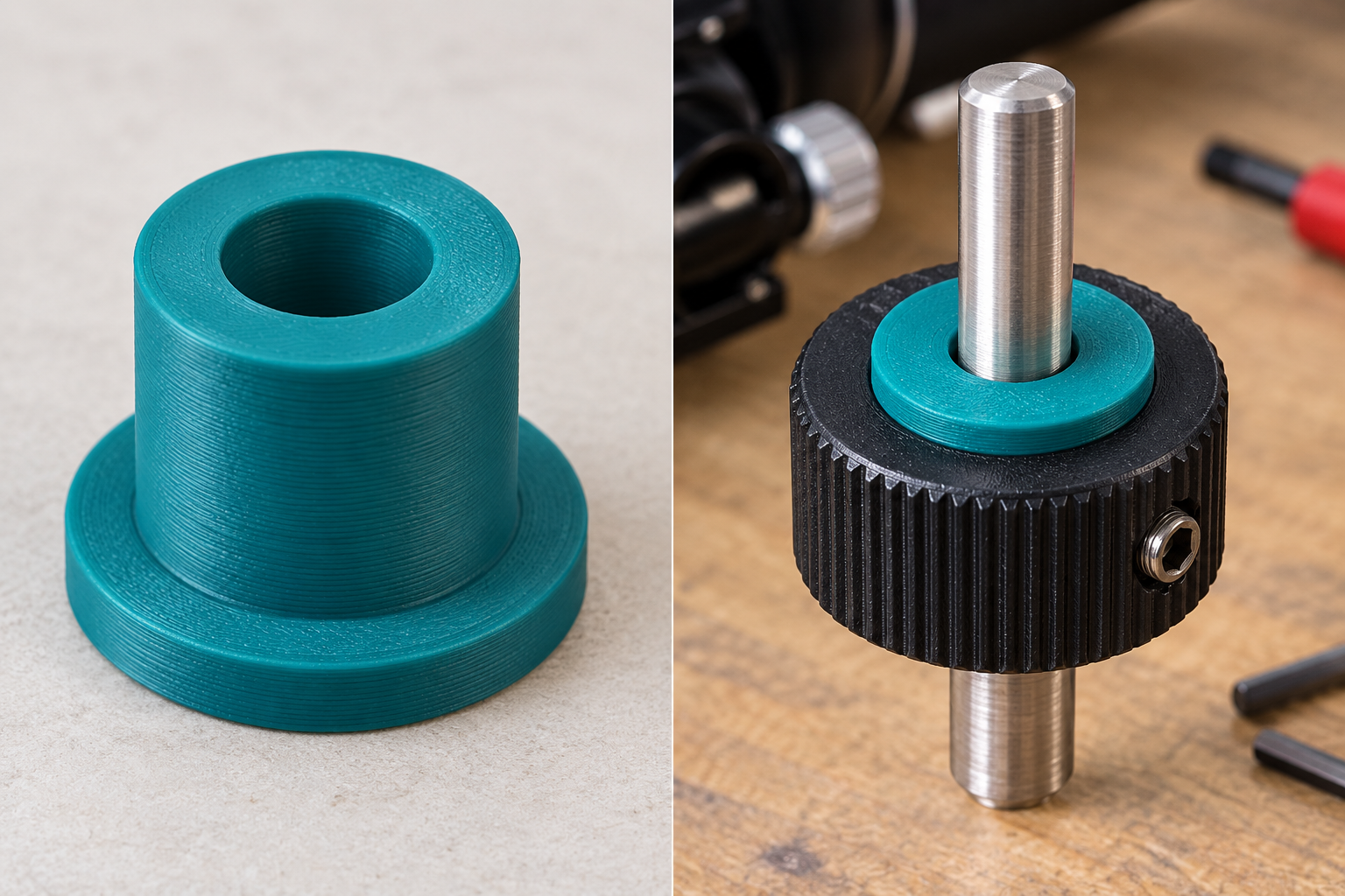 Reducing bush for telescope focus knobs – loose part and application, AI visualization