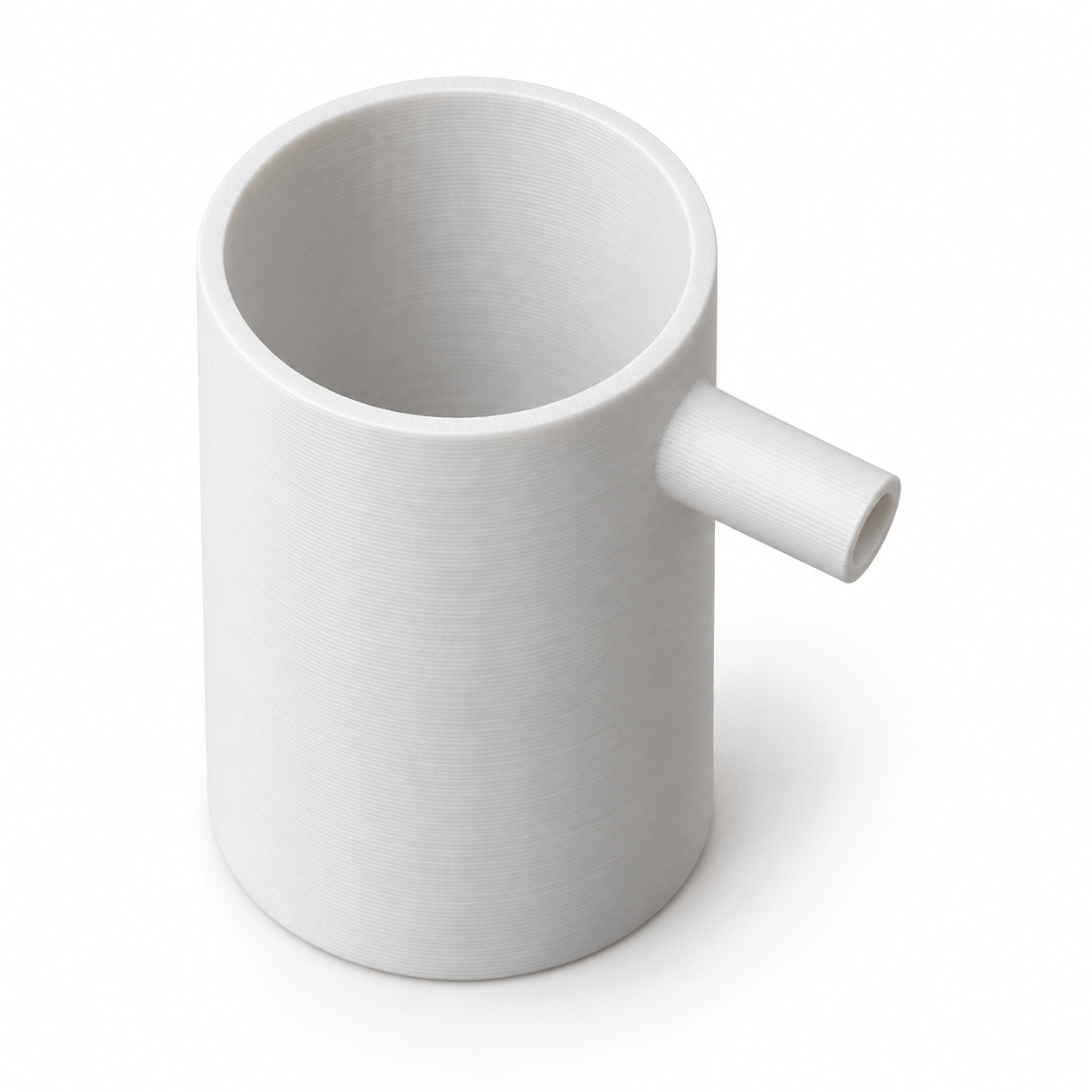 Overflow can for water-displacement experiments – white; AI product visualization