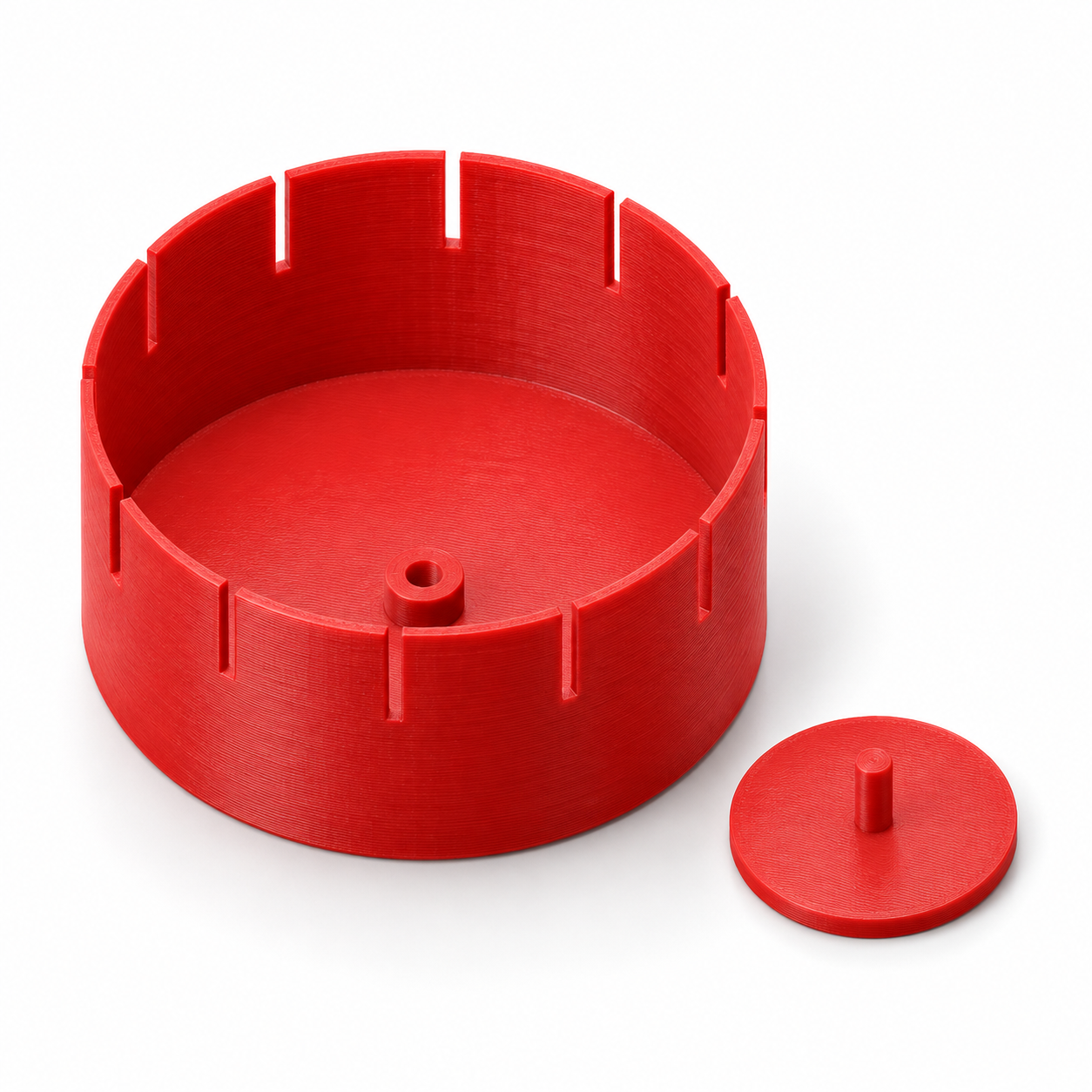 Zoetrope slit drum with a hand-spun base – red. AI visualisation of the default dimensions.