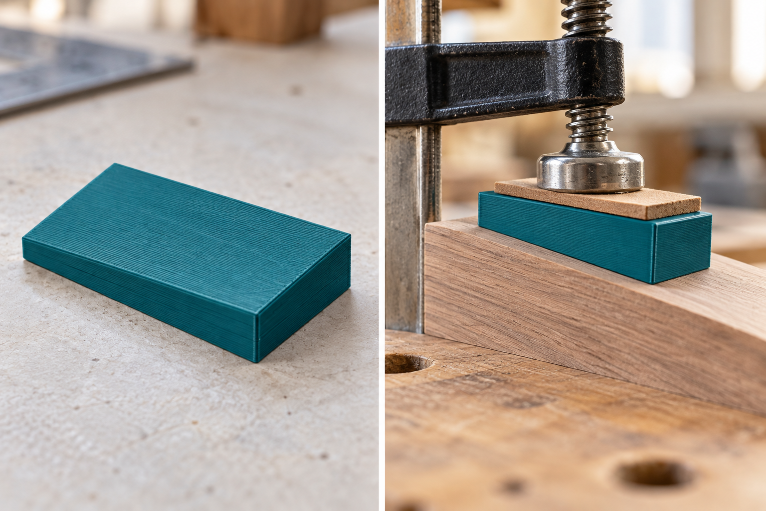 Clamp caul for sloping workpiece faces – loose part and application, AI visualization