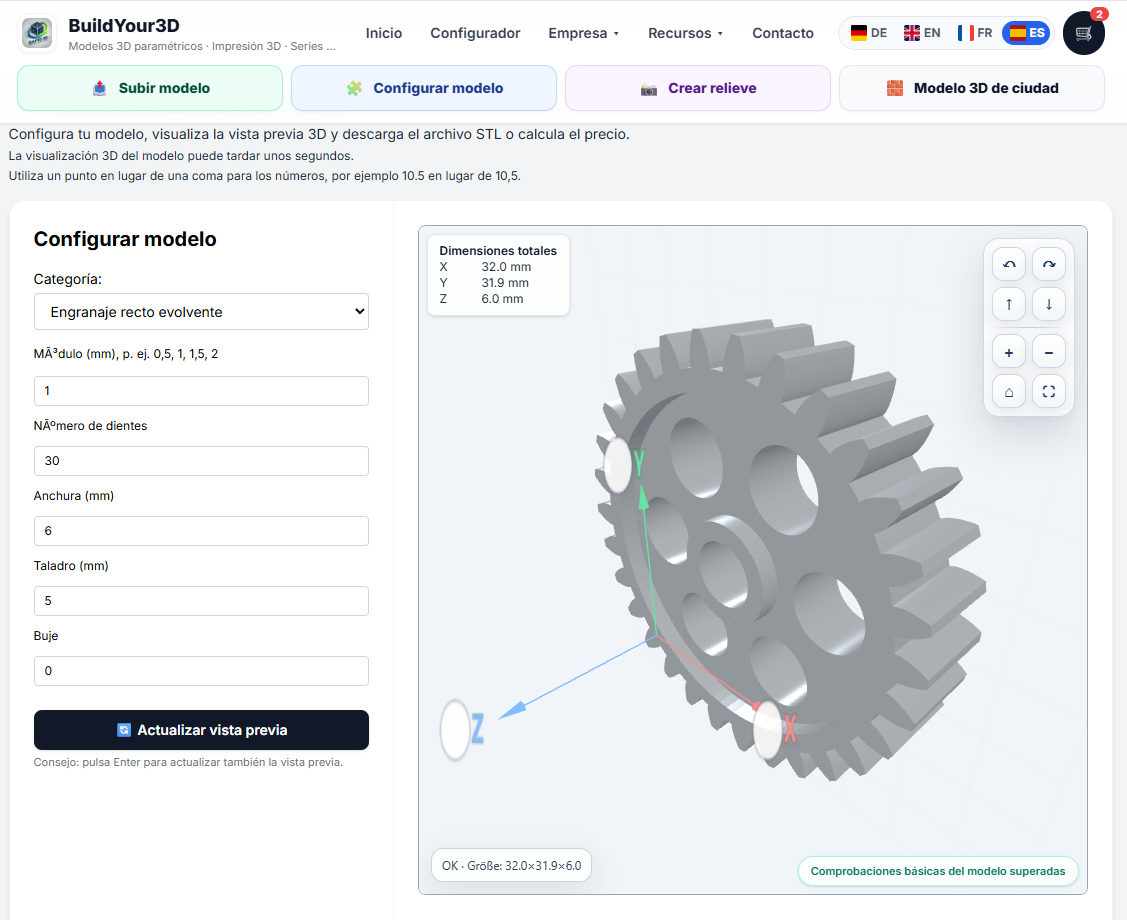 Crear engranajes de repuesto sin CAD – Configurador de engranajes rectos y generación STL online