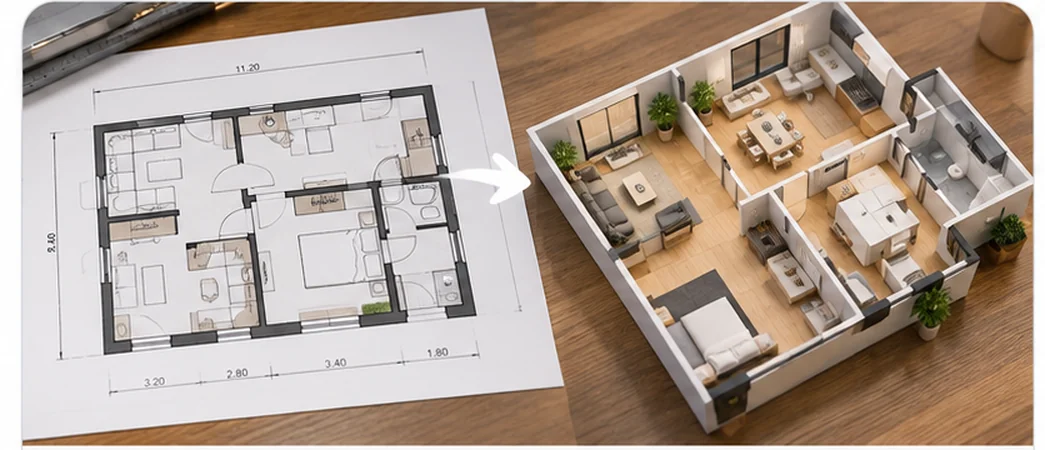 Floor plan and the spatial 3D model created from it