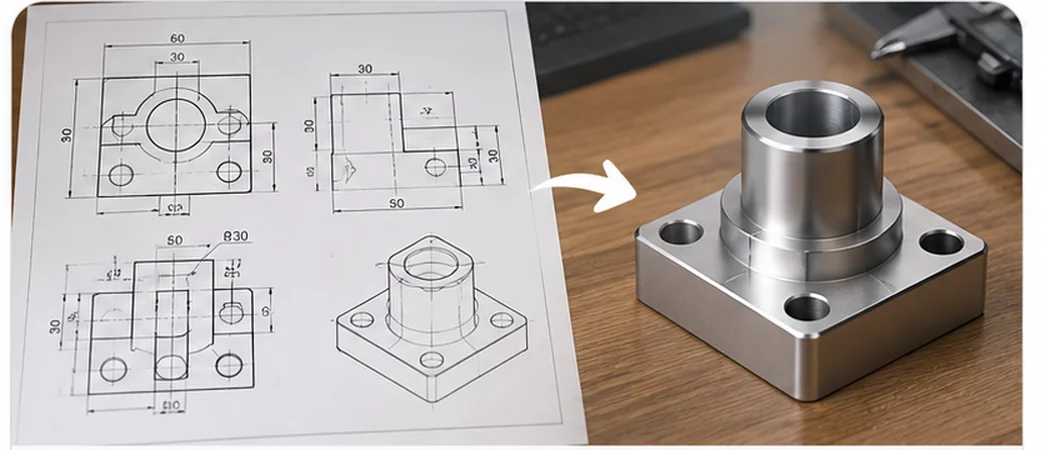 Technical drawing and the 3D part created from it