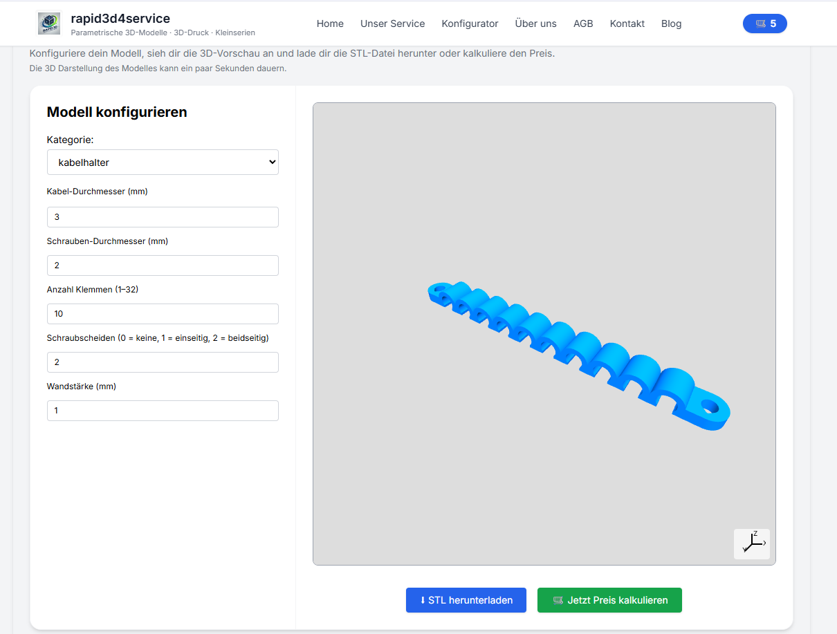 Kabelhalter – OpenSCAD Codeprüfung (Detail) and parametersüberblick