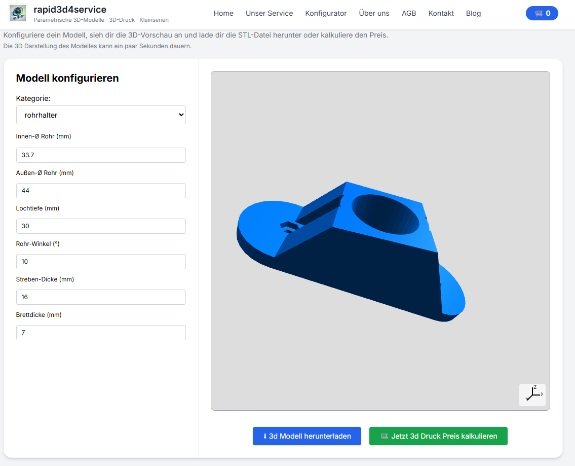 3D configurator Schritt 1: template auswählen and parametersübersicht see