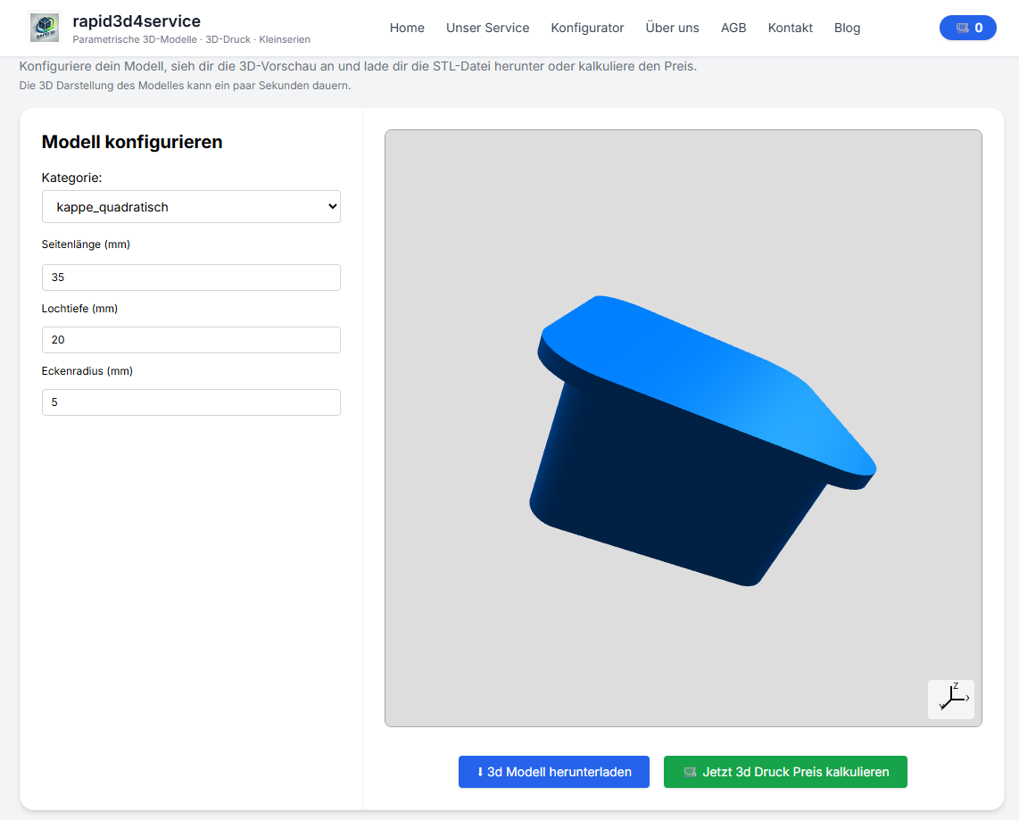 3D configurator Schritt 3: Maße eingeben and 3D-preview prüfen