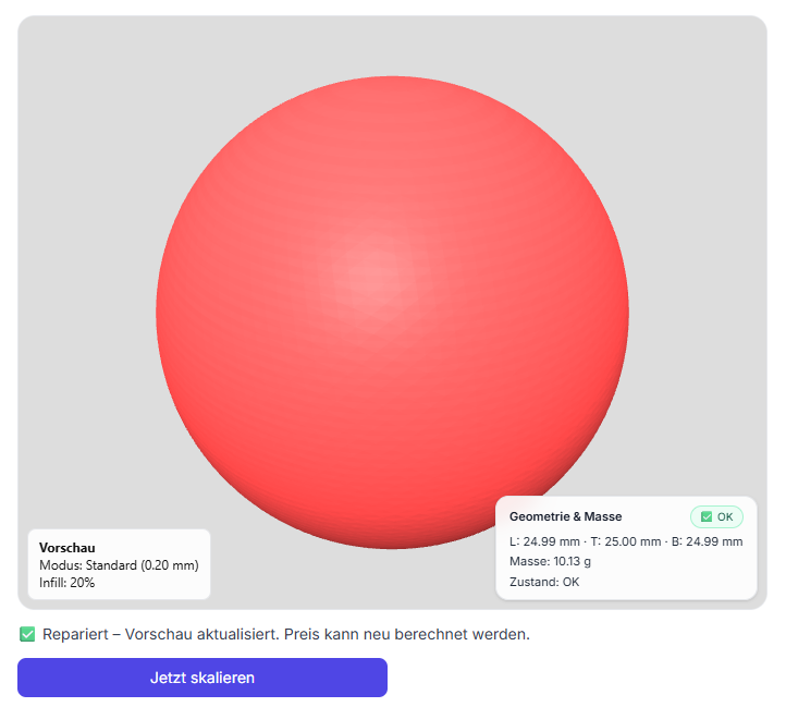 STL file repariert – geschlossenes Mesh, model OK für 3D printing